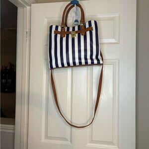 Striped Blue and White Tote Bag with Tan Accents